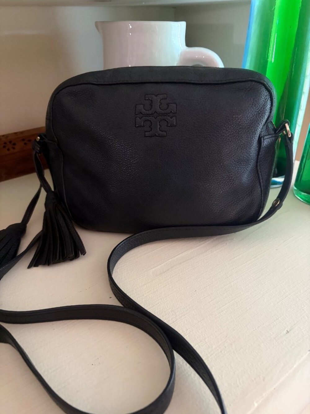 Tory Burch Bag Thea Black Leather Medium Crossbody with Tassels